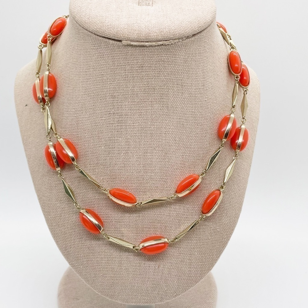 J Crew Long Orange Oblong Beads Gold Tone Oval Necklace Statement Costume Casual